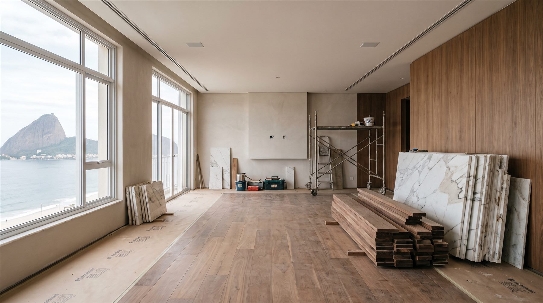 Reforma de apartamento de alto padrão em andamento no Rio de Janeiro, com vista para o Pão de Açúcar e materiais nobres organizados
