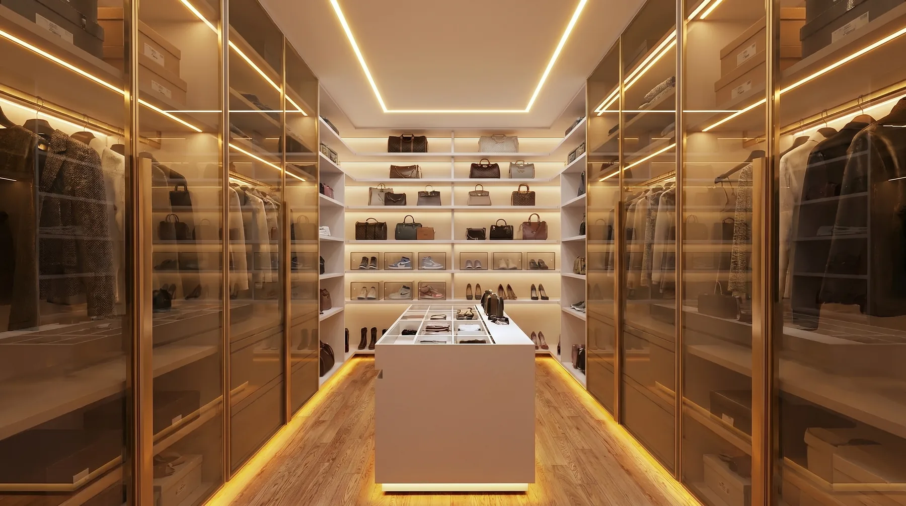 Closet planejado de alto padrão com marcenaria sob medida, iluminação embutida e ilha central, no Rio de Janeiro