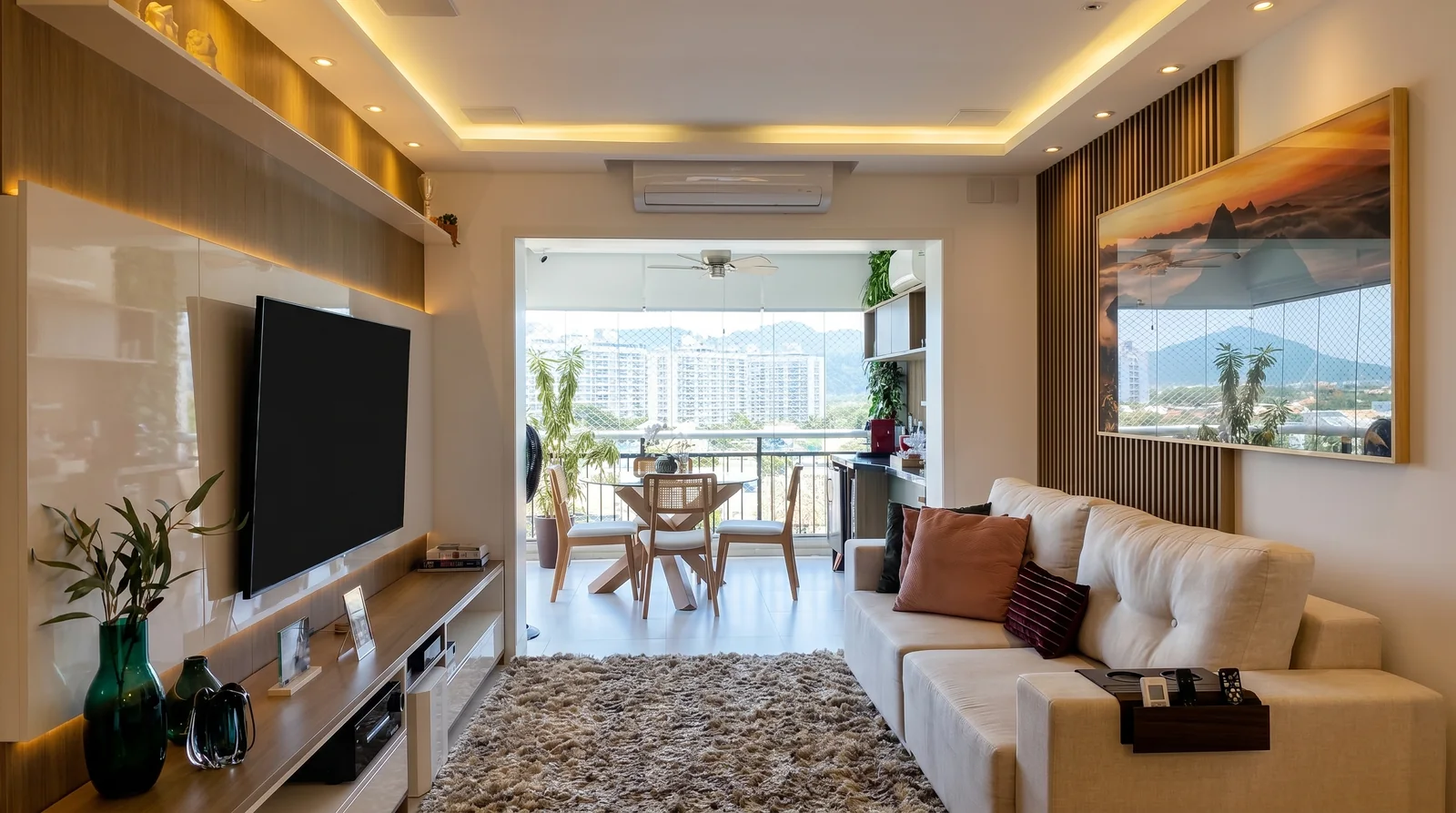 Apartamento PA no Jardins, Barra da Tijuca — living integrado com marcenaria sob medida