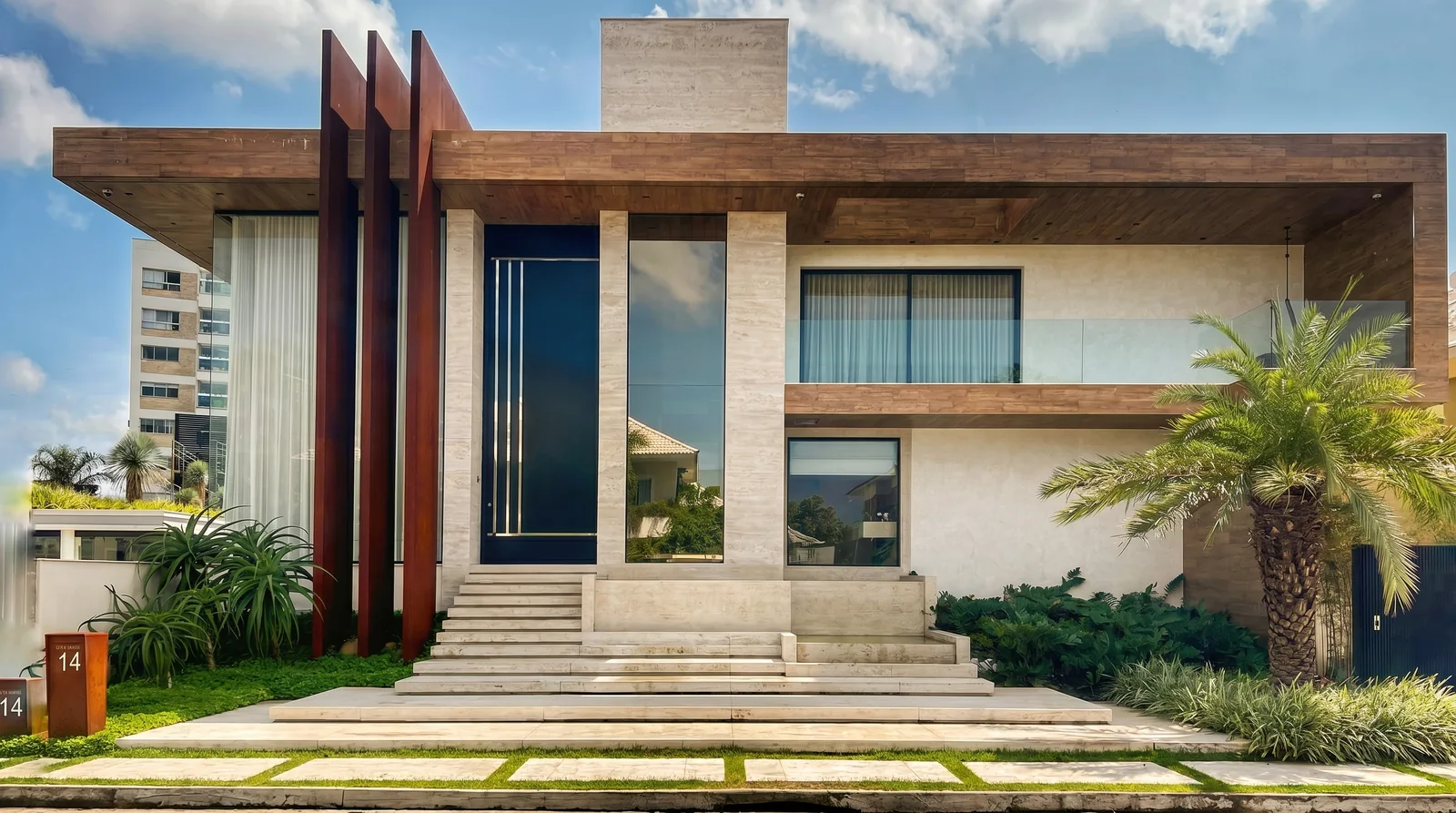 Casa LG no Quintas do Rio, Barra da Tijuca — fachada em travertino com brises de madeira